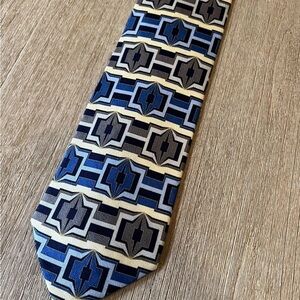 Farrentino Ferre Mens Tie Blue Beige and Black Geometric 100% Silk Made In Italy